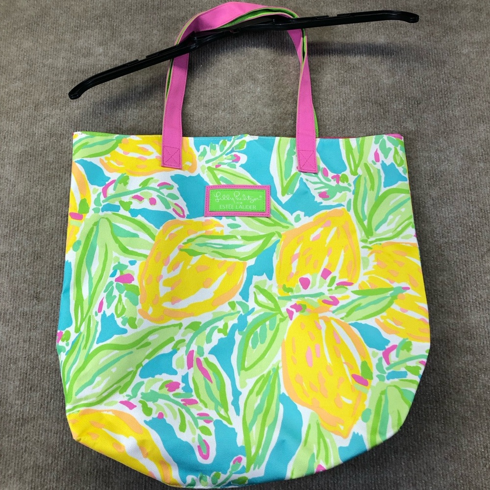 NWOT Lilly Pulitzer For Estee Lauder Lemons Flowers Floral Tote Bag 14" Tall